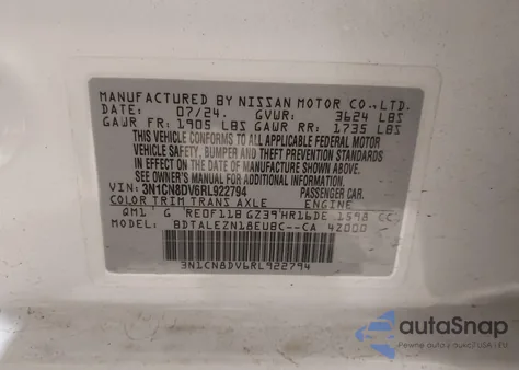 2024 Nissan Versa 1.6 S from USA, damaged, VIN 3N1CN8DV6RL922794